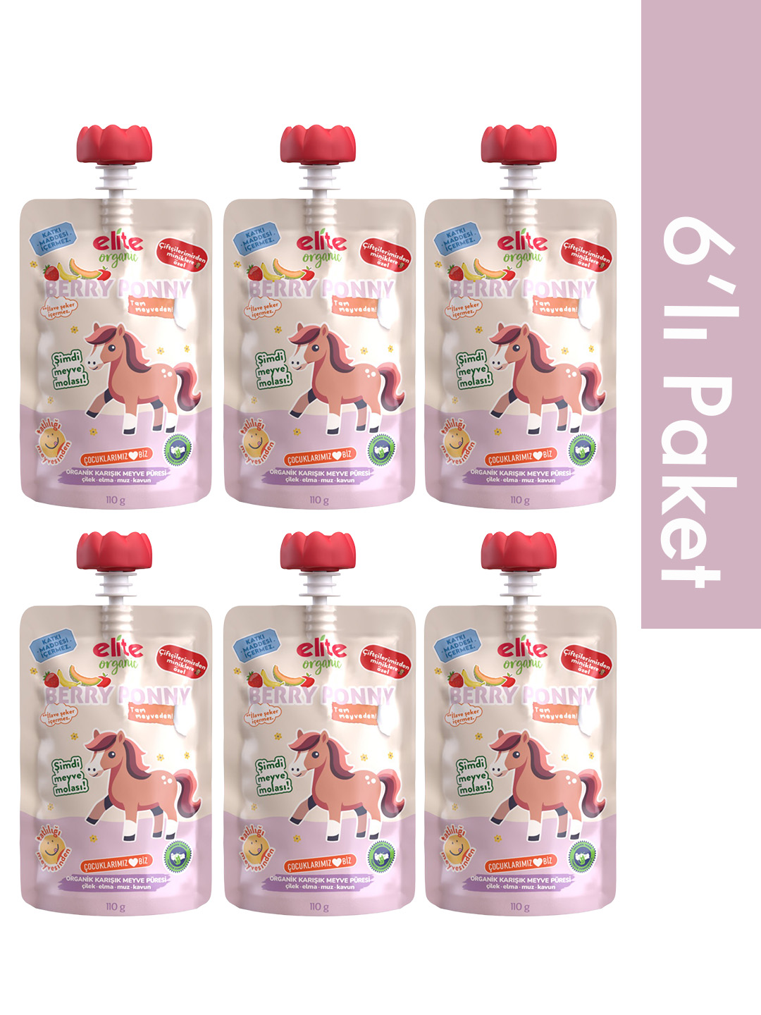 6’lı Berry Pony Organik Karışık Meyve Püresi 110 Gr (6 Adet)
