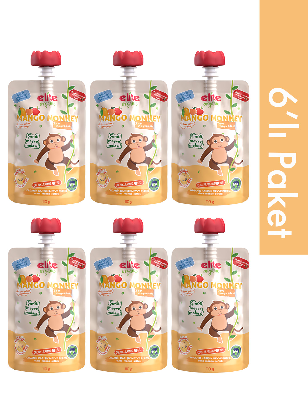 6’lı Mango Monkey Organik Karışık Meyve Püresi 110 Gr (6 Adet)