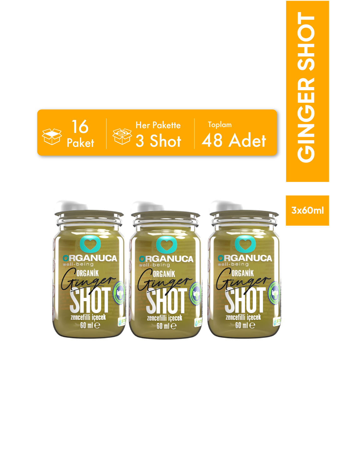 Avantajlı 16 Paket 3’lü Organik Zencefilli İçecek Ginger Shot 60 Ml- 48 Adet