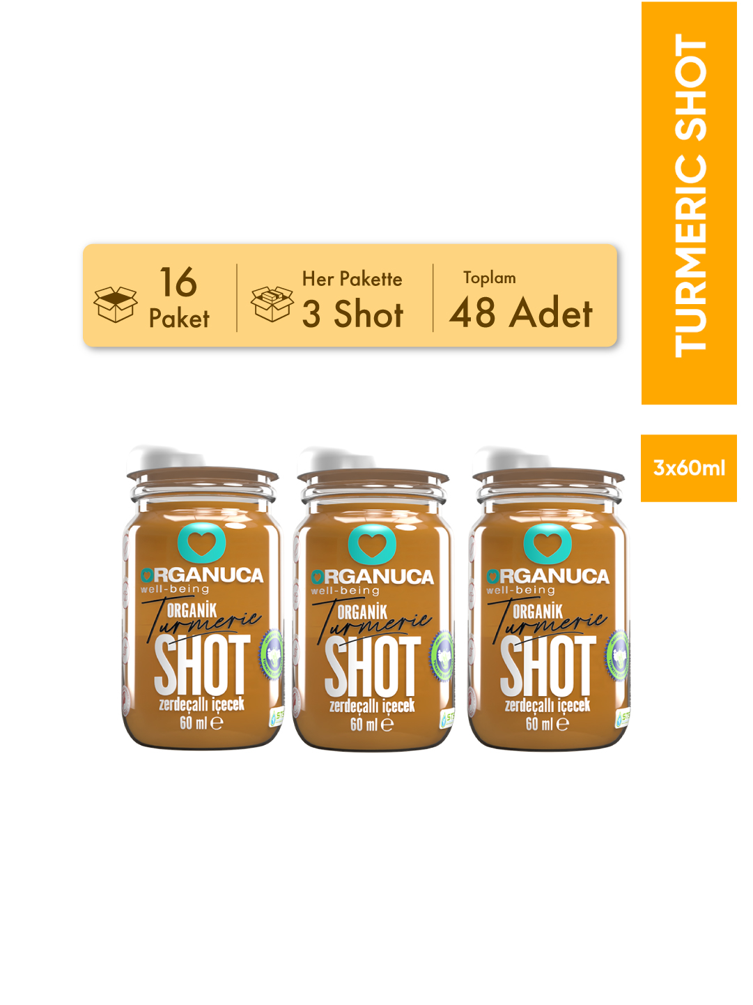 Avantajlı 16 Paket 3'lü Organik Zerdeçallı İçecek Turmeric Shot 60 Ml-48 Adet