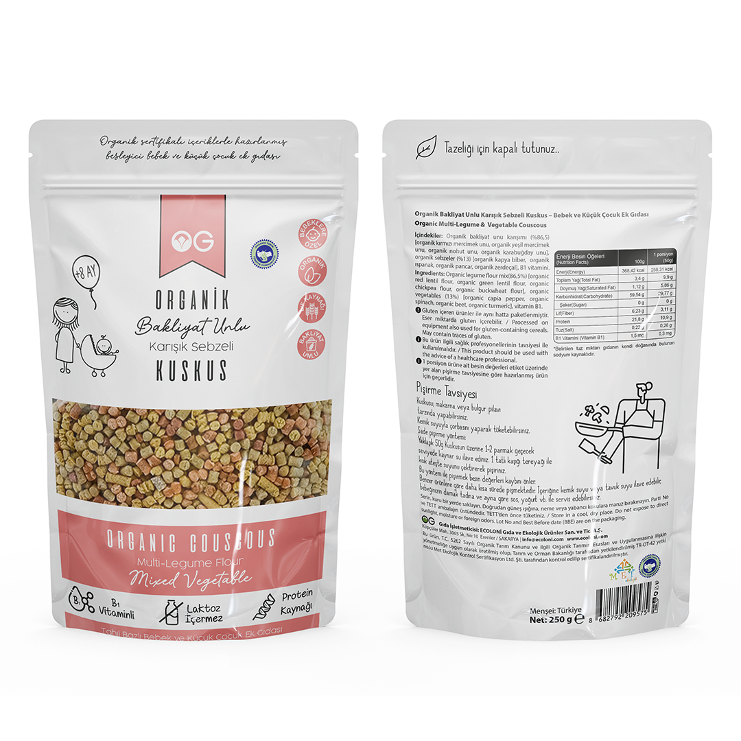 Organik Karışık Sebzeli Bakliyat Unlu Bebek Kuskus  250 Gr +8 Ay Organik Karışık Sebzeli Bakliyat Unlu Bebek Kuskus  250 Gr +8 Ay