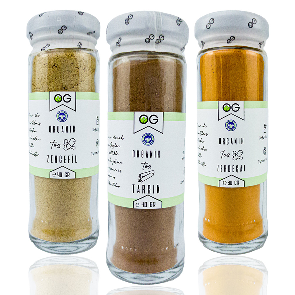 Organik Baharat Seti ( Toz Tarçın, Toz Zerdeçal, Toz Zencefil) Organik Baharat Seti ( Toz Tarçın, Toz Zerdeçal, Toz Zencefil)